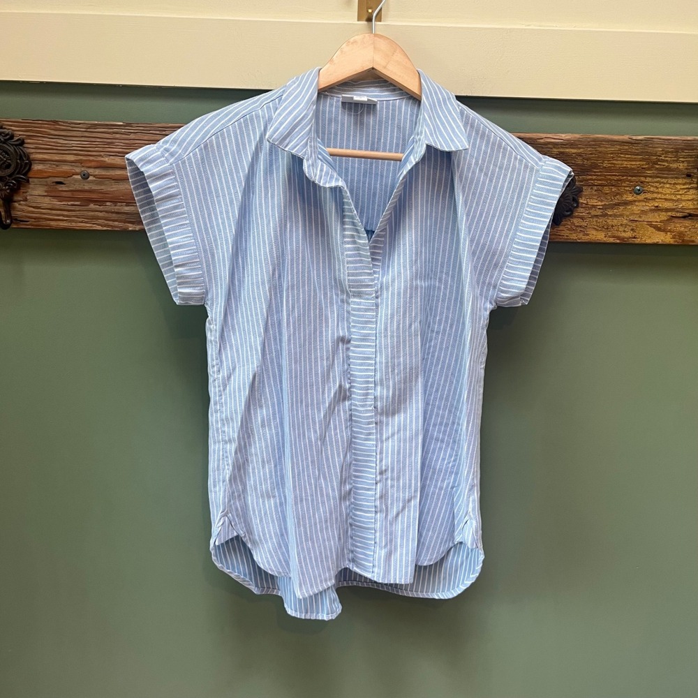 J. Jill Blue White Striped Short Sleeve Split Neck Blouse XS Repreve Blend